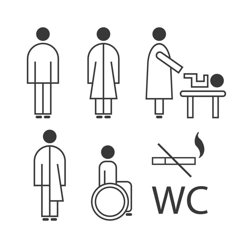 toilet lijn icoon set. wc teken. mannen, vrouwen, moeder met baby en handicap symbool. reeks van vector lijn pictogrammen klaar naar gebruik in een bewegwijzering systeem. toilet voor mannelijk, vrouw, transgender, gehandicapt