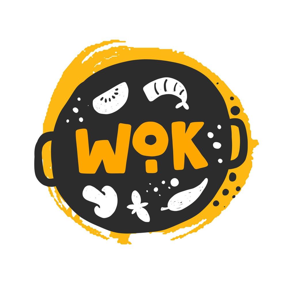 wok pan vector hand- getrokken illustratie. bord met groenten, champignons en zeevruchten. frituren pan geïsoleerd clip art met gestileerde belettering en inkt druppels. Aziatisch voedsel Koken poster ontwerp element