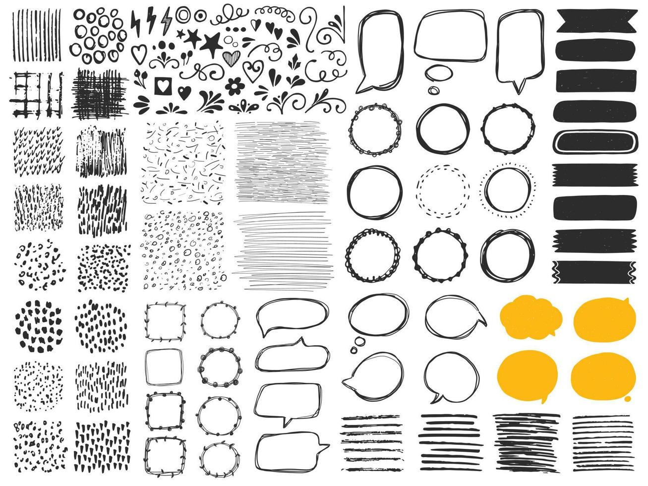 Scandinavisch hand- getrokken tekening ontwerp elementen, zwart Aan wit achtergrond. zwiept, duikt, nadruk, driehoeken, lijnen, uitstrijkjes, spiralen, golven, cirkels, kruisen, borstel hartinfarct. vector verzameling