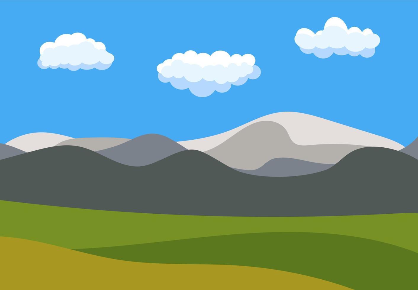 natuurlijk tekenfilm landschap in de vlak stijl met blauw lucht, wolken, heuvels en bergen. vector illustratie