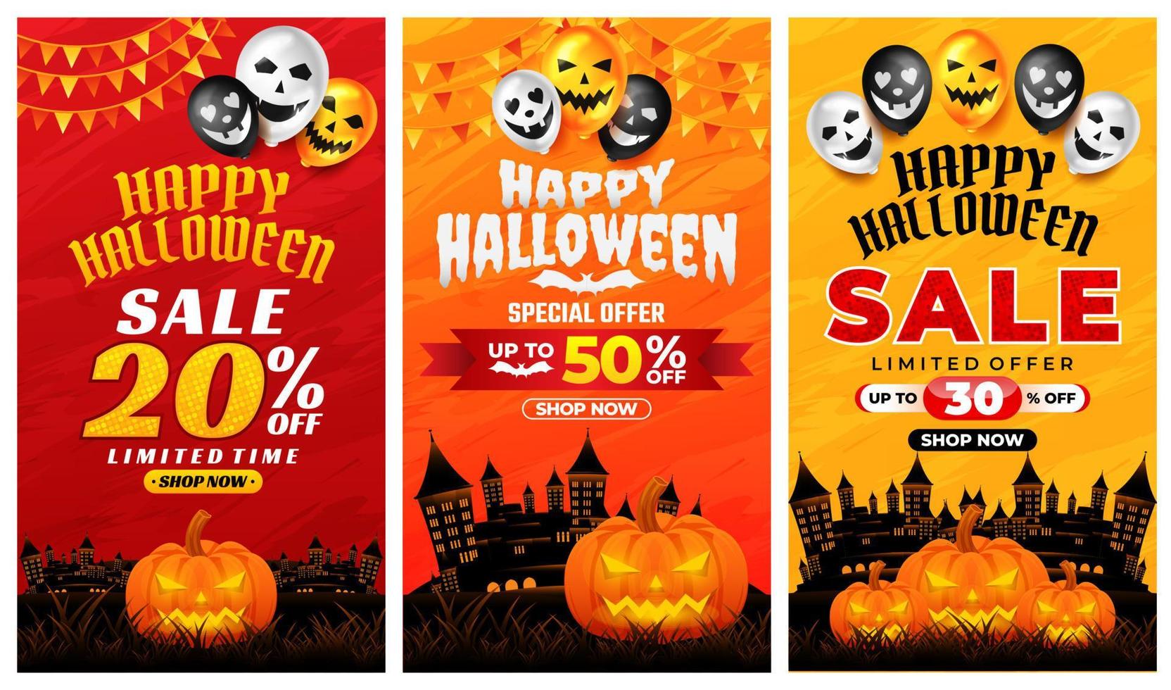 halloween uitverkoop Promotie met eng ballon en kasteel vector, gelukkig halloween achtergrond voor bedrijf kleinhandel Promotie, banier, poster, sociaal media, voer, uitnodiging vector