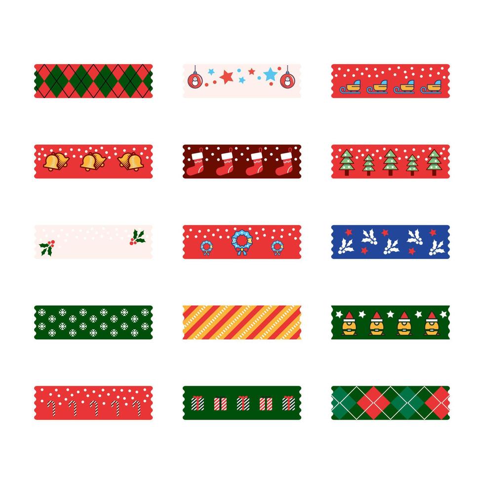 Kerstmis decoratief plakband washi sticker stroken voor tekst decoratie. reeks van kleurrijk gevormde washi plakband. vector illustratie