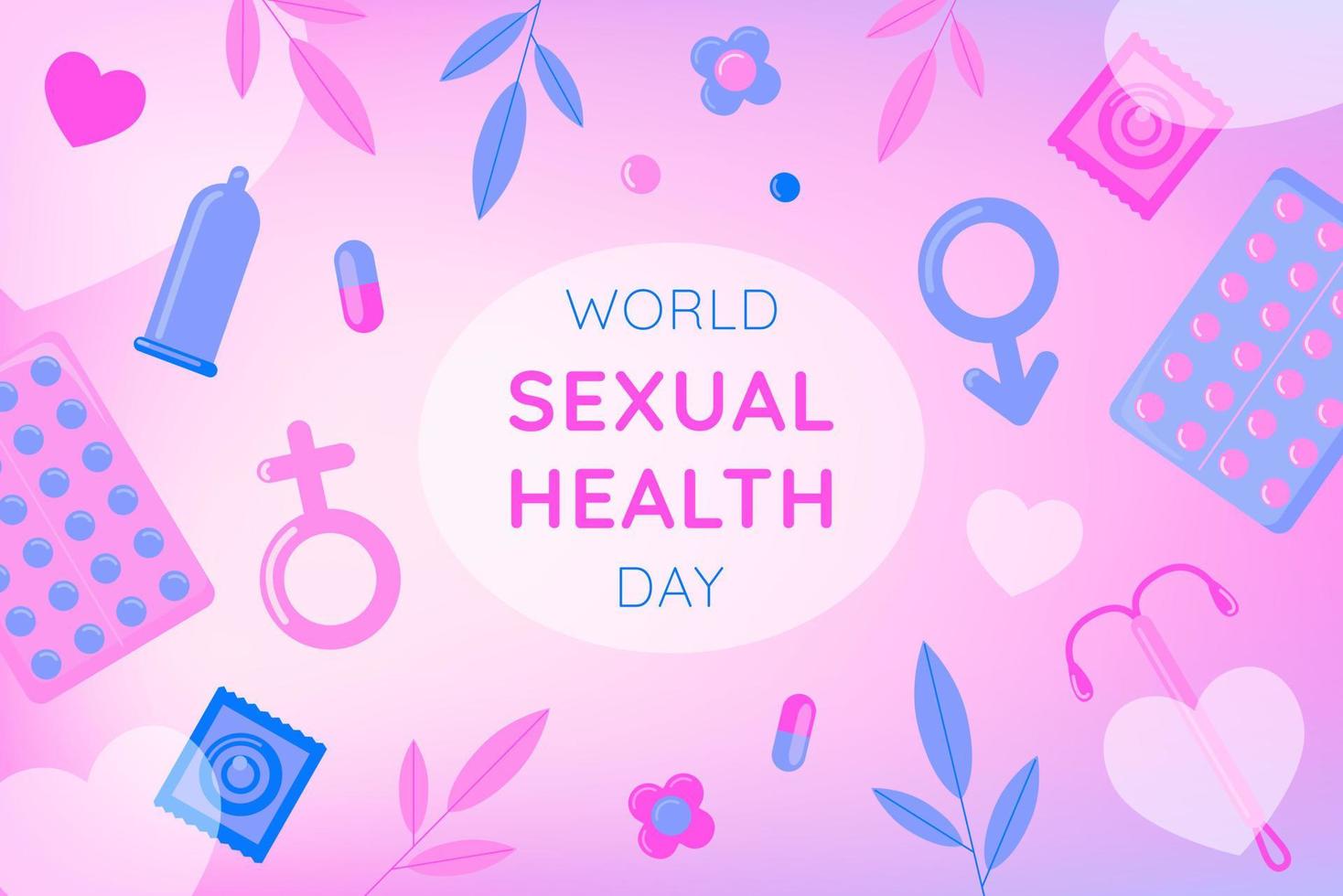 wereld seksueel Gezondheid dag concept achtergrond. vector illustratie met voorbehoedsmiddelen en mannelijk, vrouw geslacht seks symbolen in licht roze -blauw kleur.