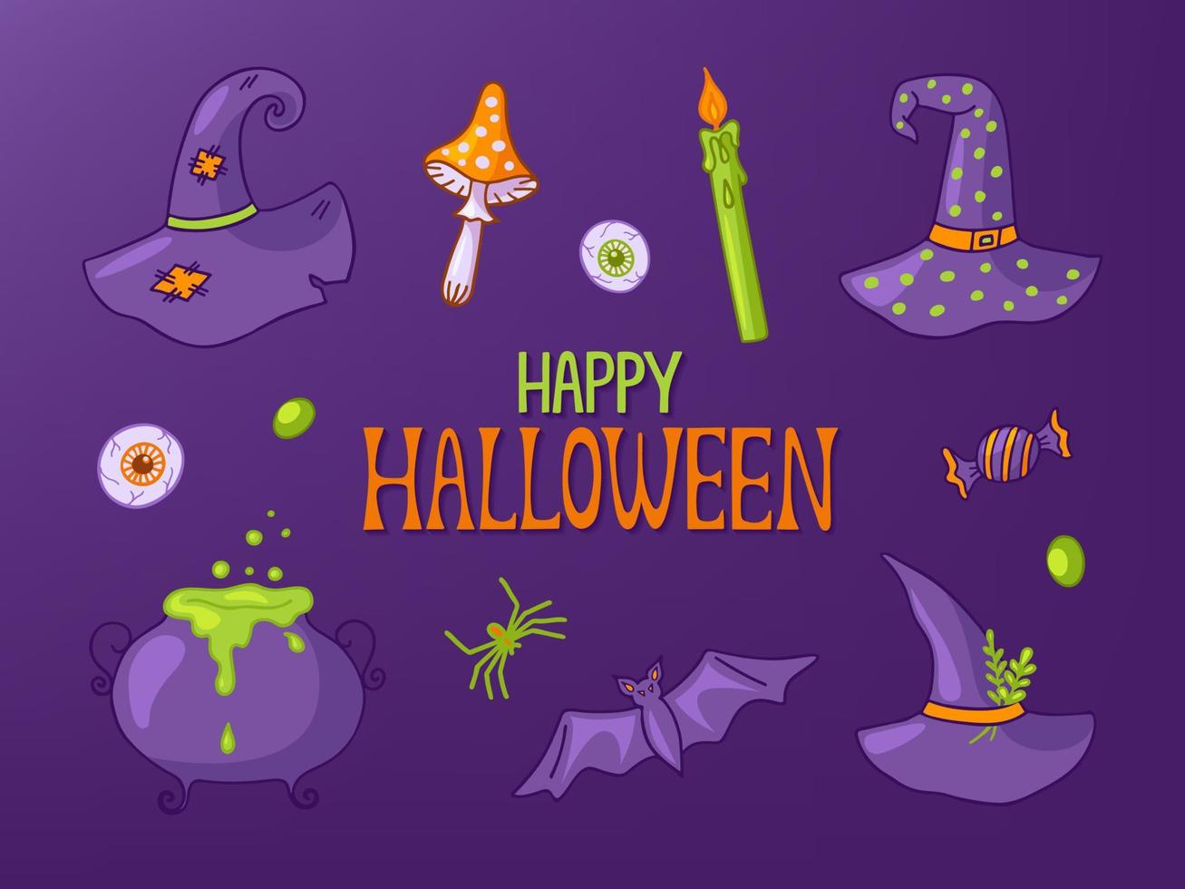 reeks voor halloween partij geïsoleerd Aan Purper achtergrond. vector illustratie van heks accessoires - hoed, knuppel, oog, spin, kaars en vlieg agaric.