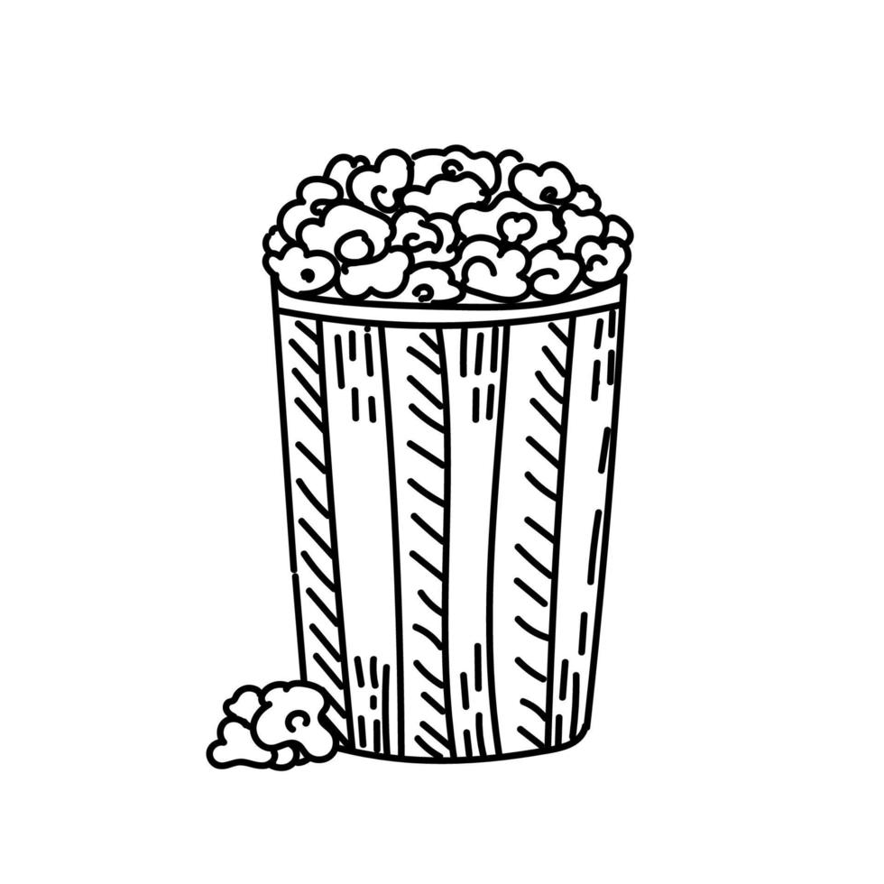 een glas van popcorn, hand getekend in schetsen stijl. voedsel Bij de films. knal maïs in een papier gestreept glas. vector gemakkelijk illustratie