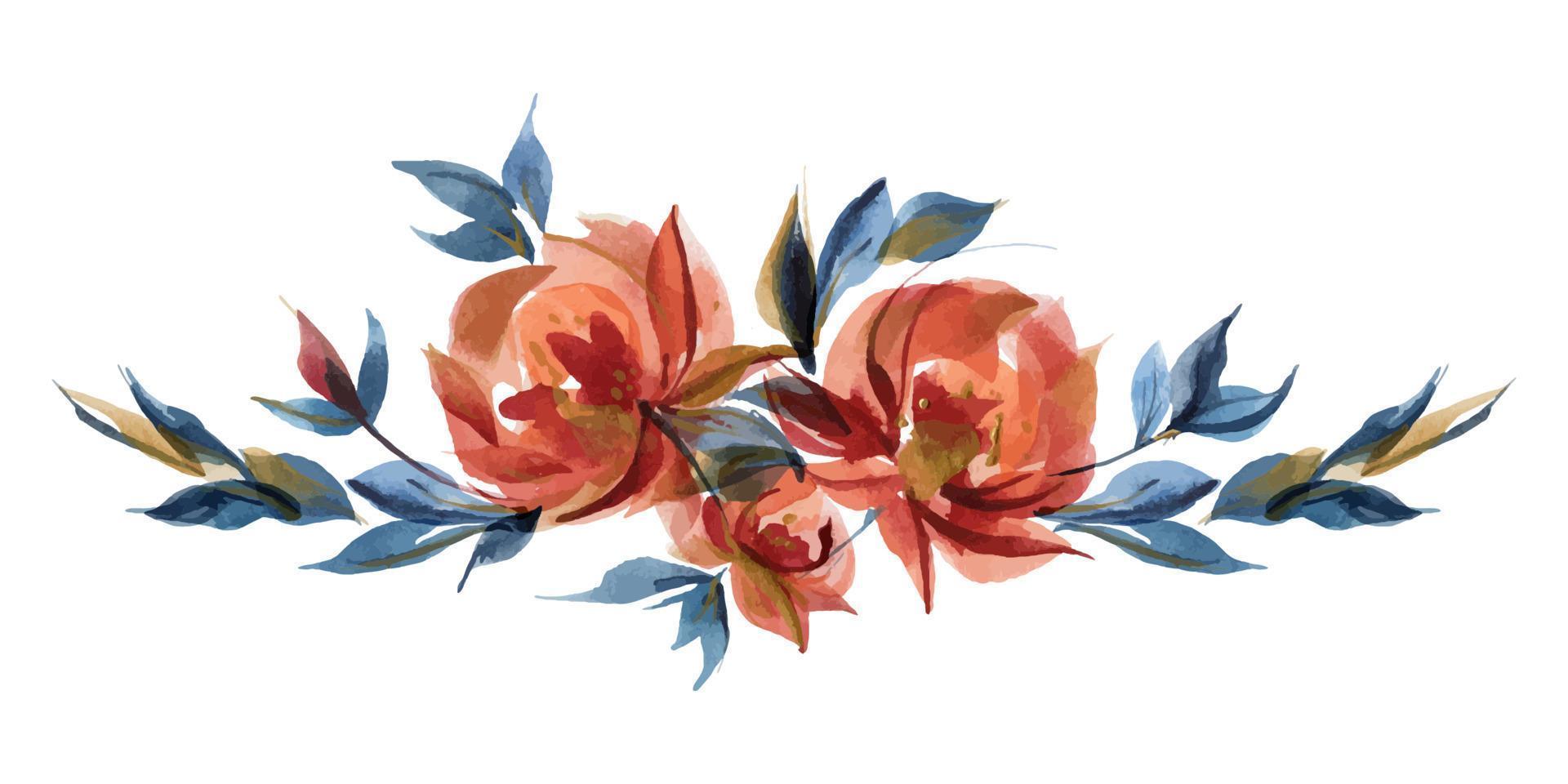 blauwe en oranje rozen bloemenslinger vignet in folk cottege trend vector