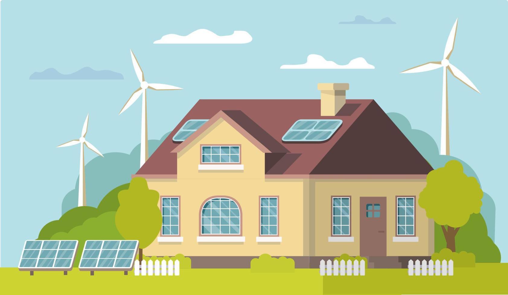 groen energie hernieuwbaar eco huis.solar, wind macht .alternatief macht eco vriendelijke.vector concept illustratie. geïsoleerd Aan een wit achtergrond. vector