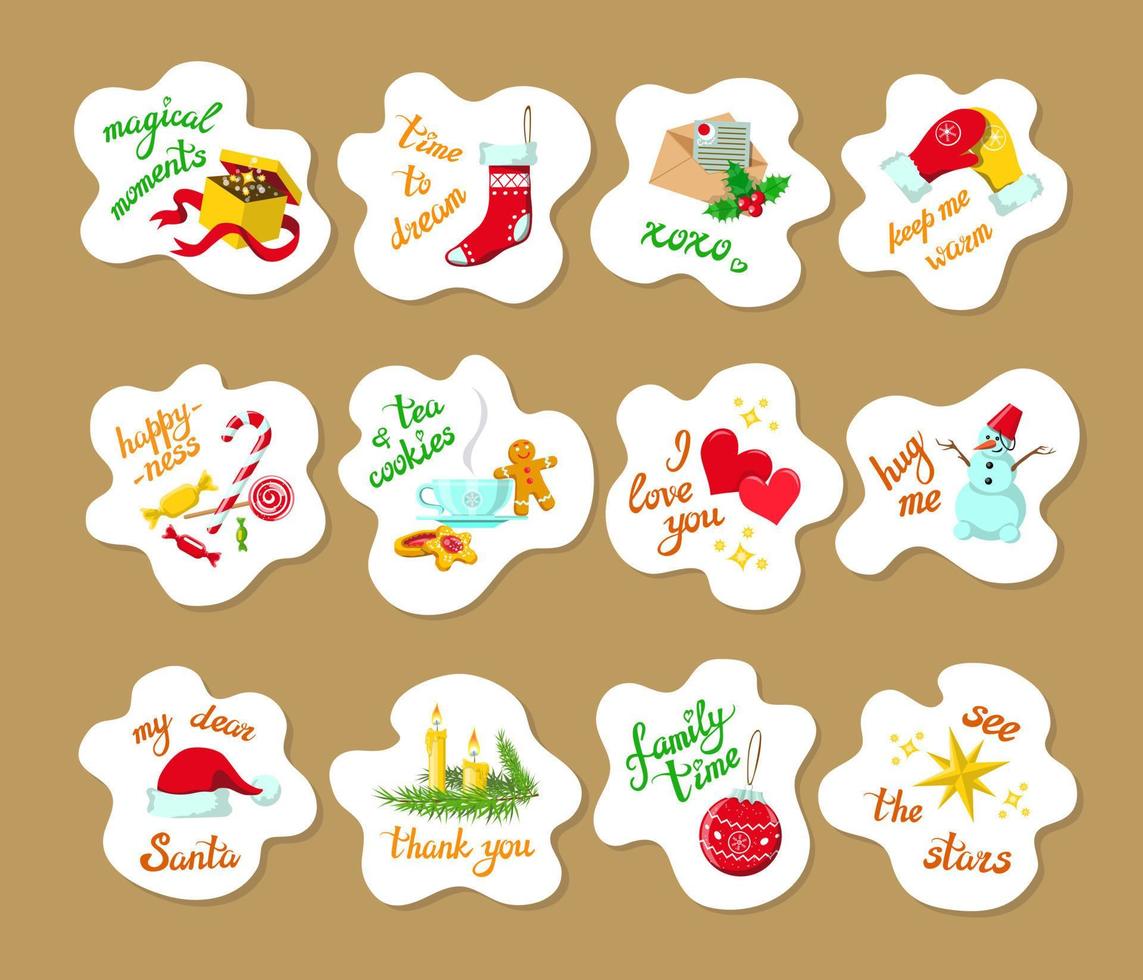 reeks van 12 schattig Kerstmis stickers, nieuw jaar voorwerpen, in wit wolken Aan bruin papier, handgeschreven hygge zinnen vector