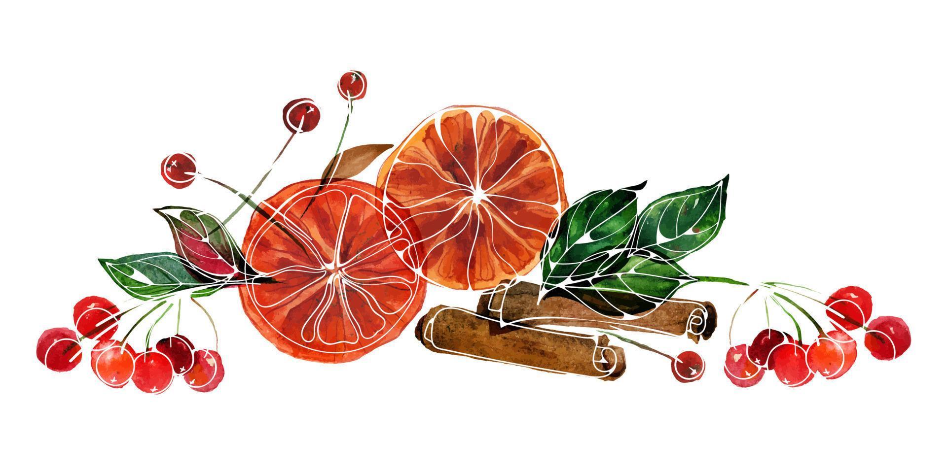 kerst aquarel compositie met sinaasappels en kaneel vector