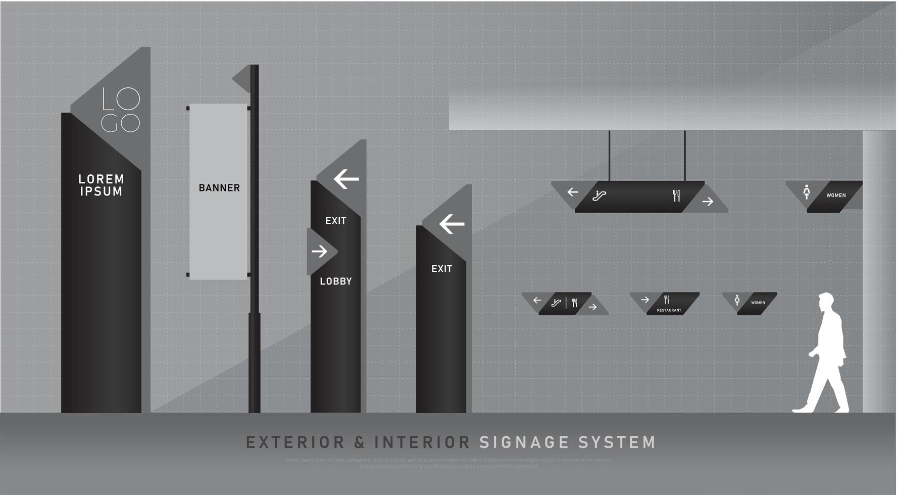 zwart en grijs exterieur en interieur bewegwijzering set vector