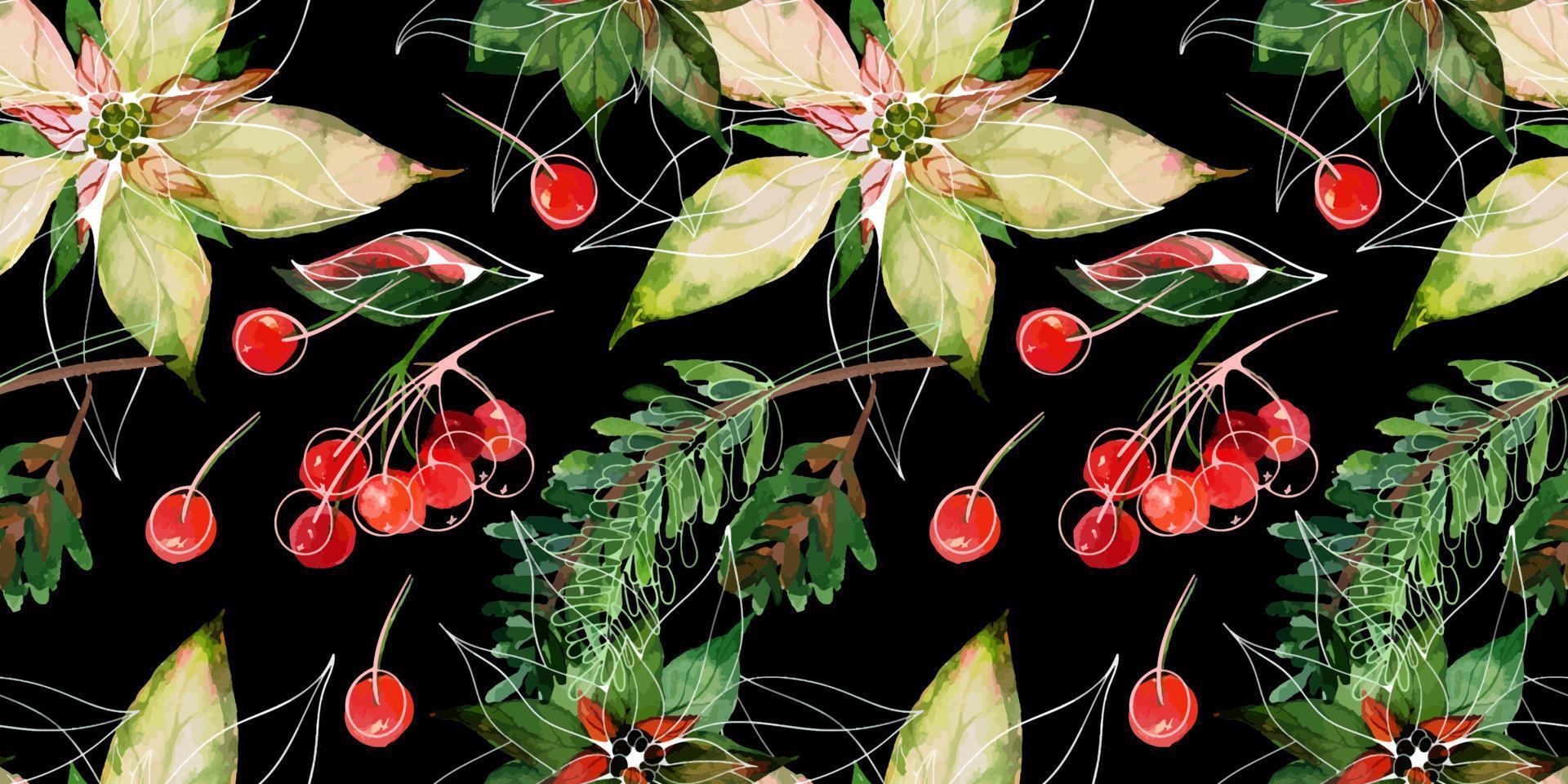 Kerstmis getraceerd bloemen waterverf zwart naadloos patroon vector