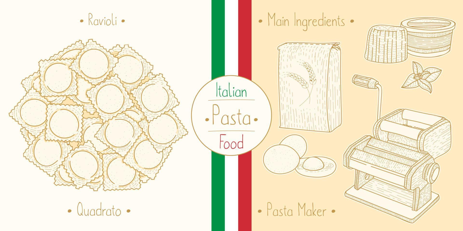Italiaans voedsel pasta met vulling ravioli quadrato vector