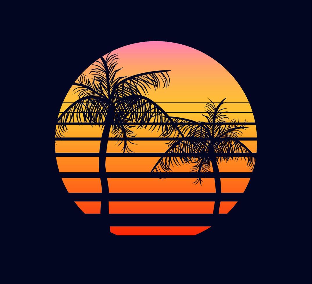 zonsondergang retro rood oranje. abstract twee palm bomen tegen fantastisch achtergrond van een instelling zon in strip elektronisch synthwave ontwerp in stijl van 80 musical rooster van futuristische vector landschap.