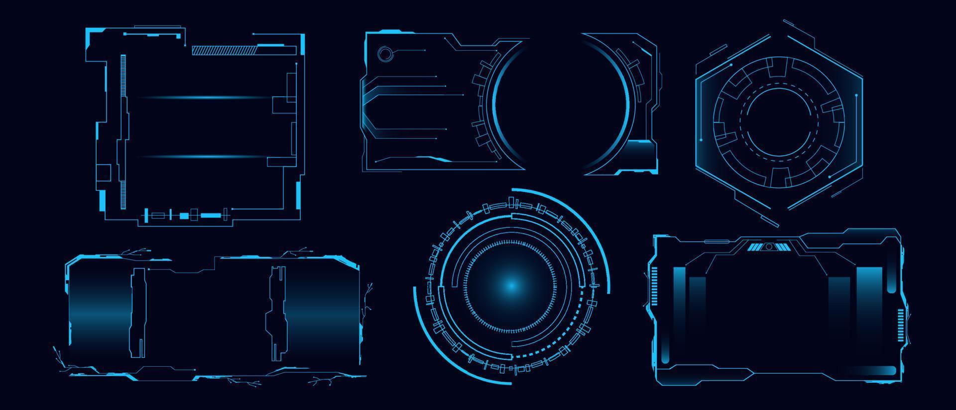 set van futuristische hi-tech hud interface platte vectorillustratie. verzameling van sci fi modern digitaal scherm geïsoleerd op zwarte achtergrond. cyber hologram dashboard paneel. controle virtueel element vector