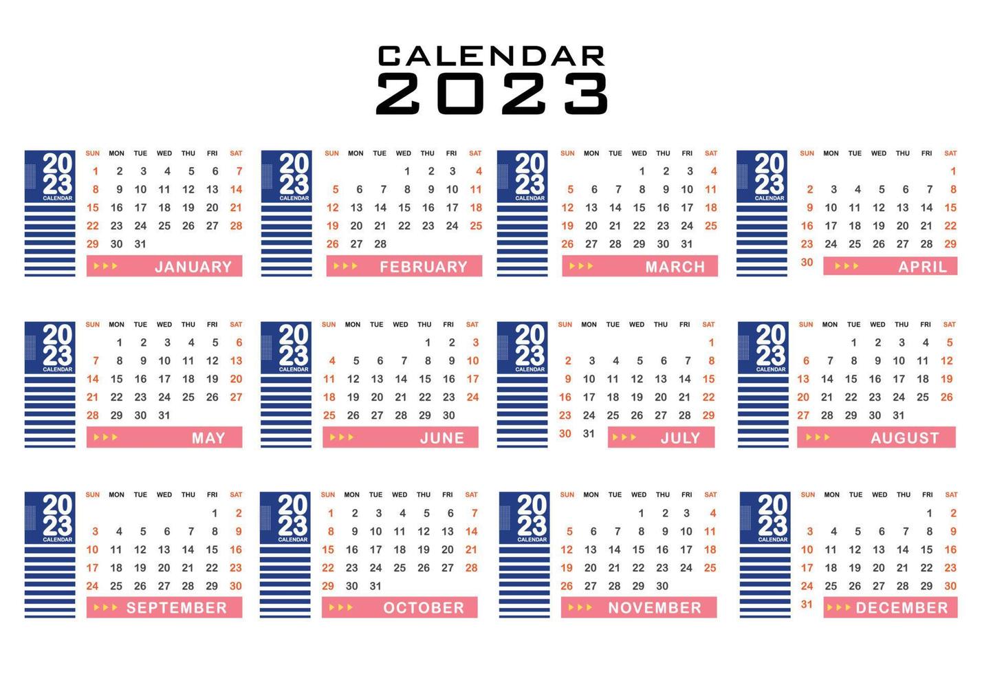 kalender 2023 kleur rood en blauw ontwerp vector