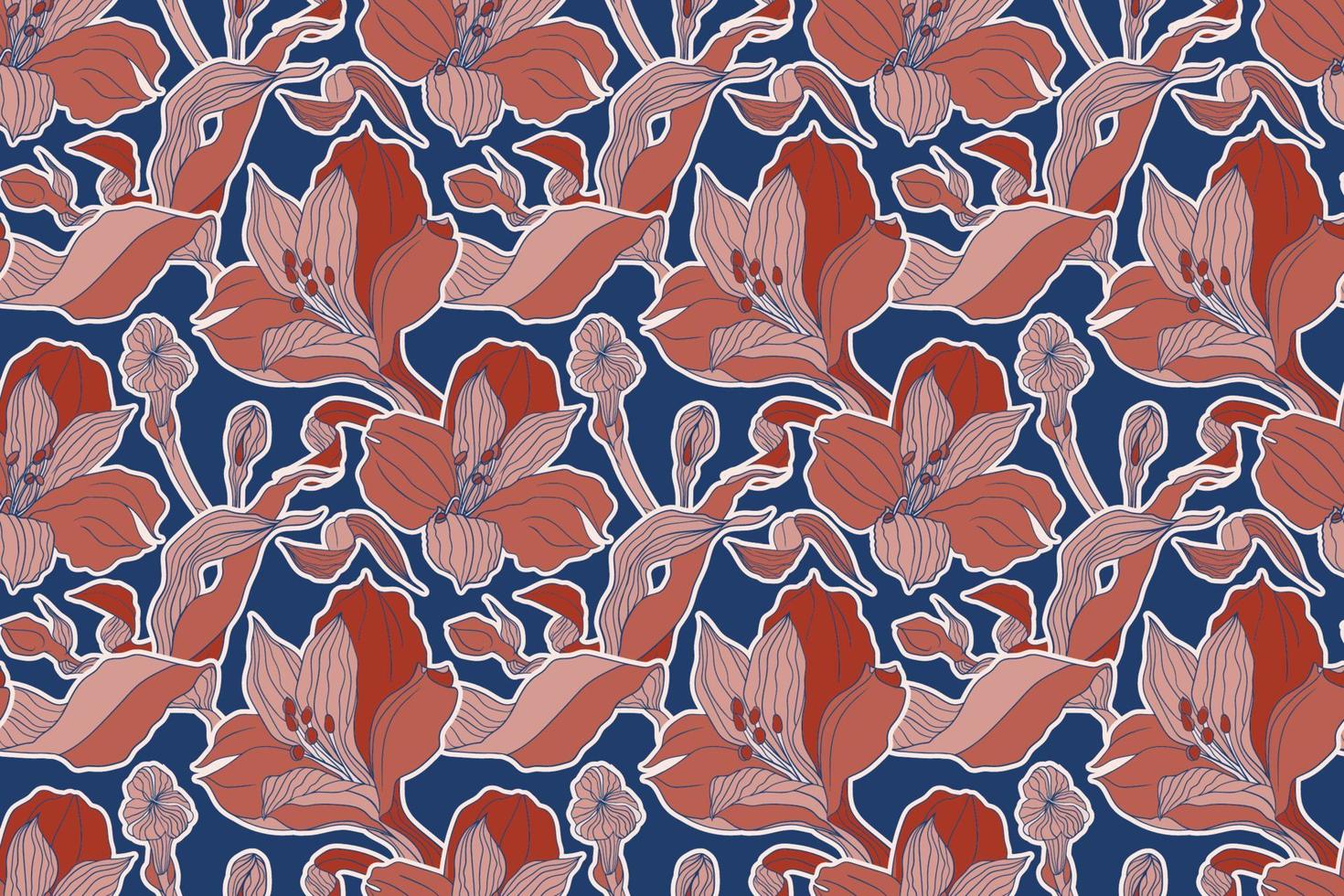 blauw en terracotta naadloos patroon met hoog gedetailleerd alstroemeria bloemknoppen en bloemen vector