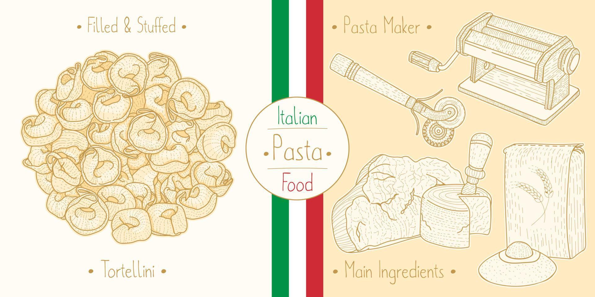 Koken Italiaans voedsel gevuld tortellini pasta met vulling, ingrediënten en uitrusting vector