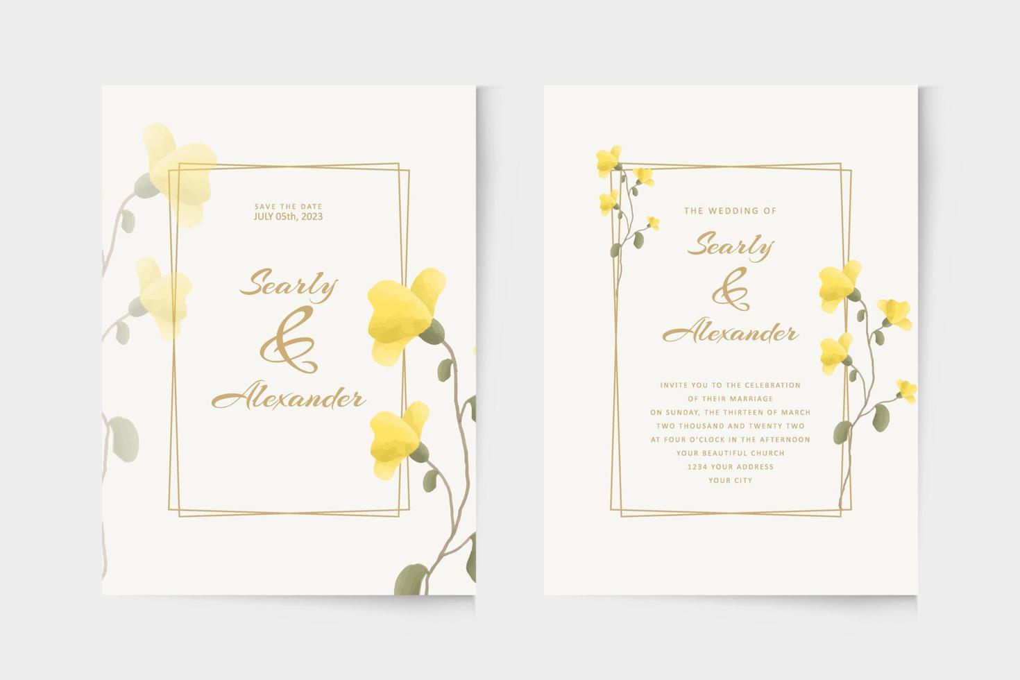 modern huwelijksuitnodigingssjabloon met geel bloemenwaterverfornament vector