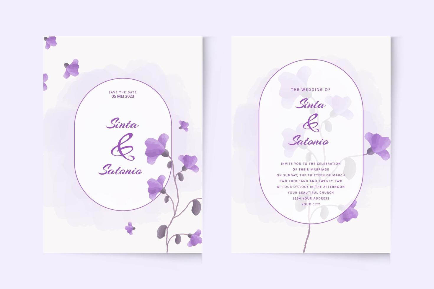 eenvoudig sjabloon voor huwelijksuitnodigingen met paarse bloem aquarel vector