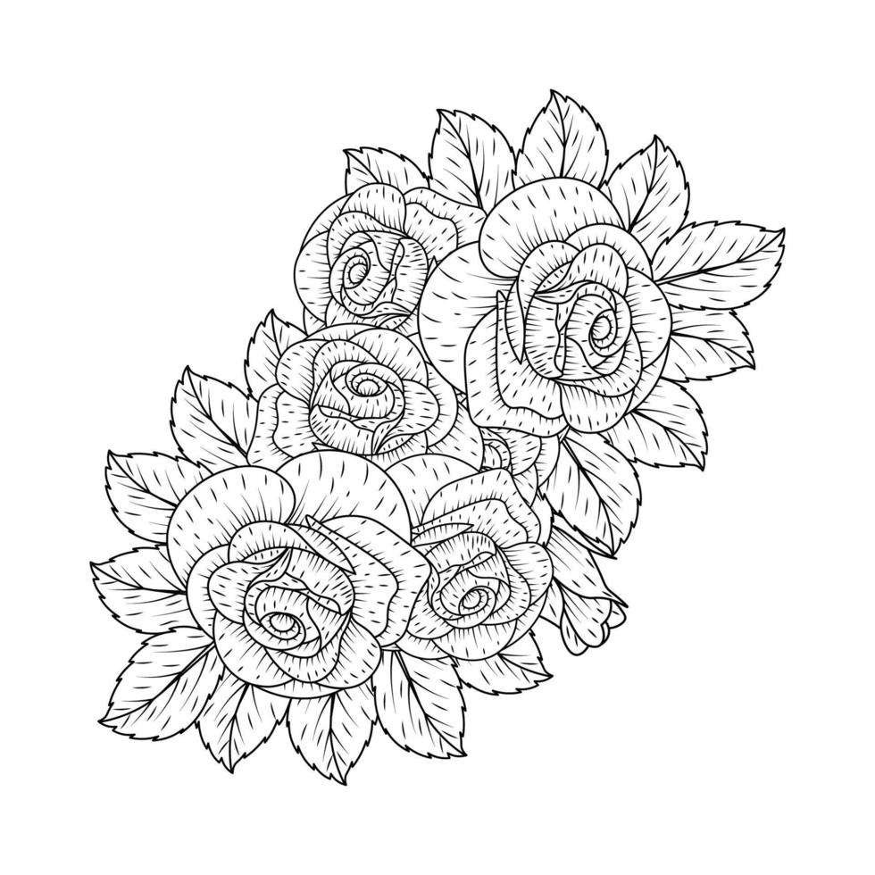 hand- getrokken bloemen bundel met rozen en bladeren zentangle kleur bladzijde met decoratief gemakkelijk schetsen vector