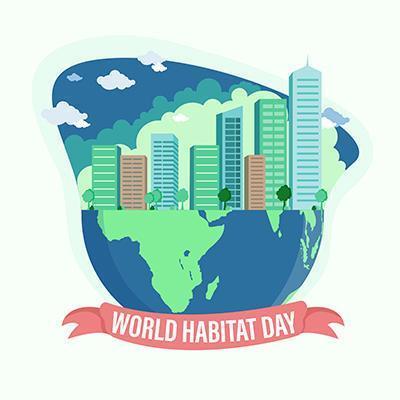 ontwerp van de wereldhabitatdag met stad in planeet vector