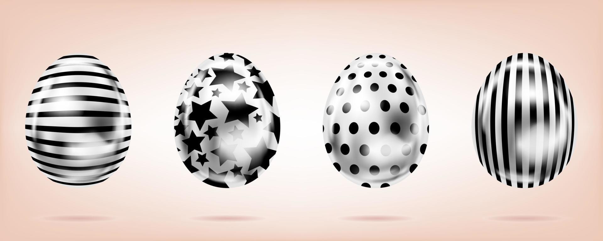 vier zilver eieren Aan de roze achtergrond. geïsoleerd voorwerpen voor Pasen. ster, dots en strepen overladen vector