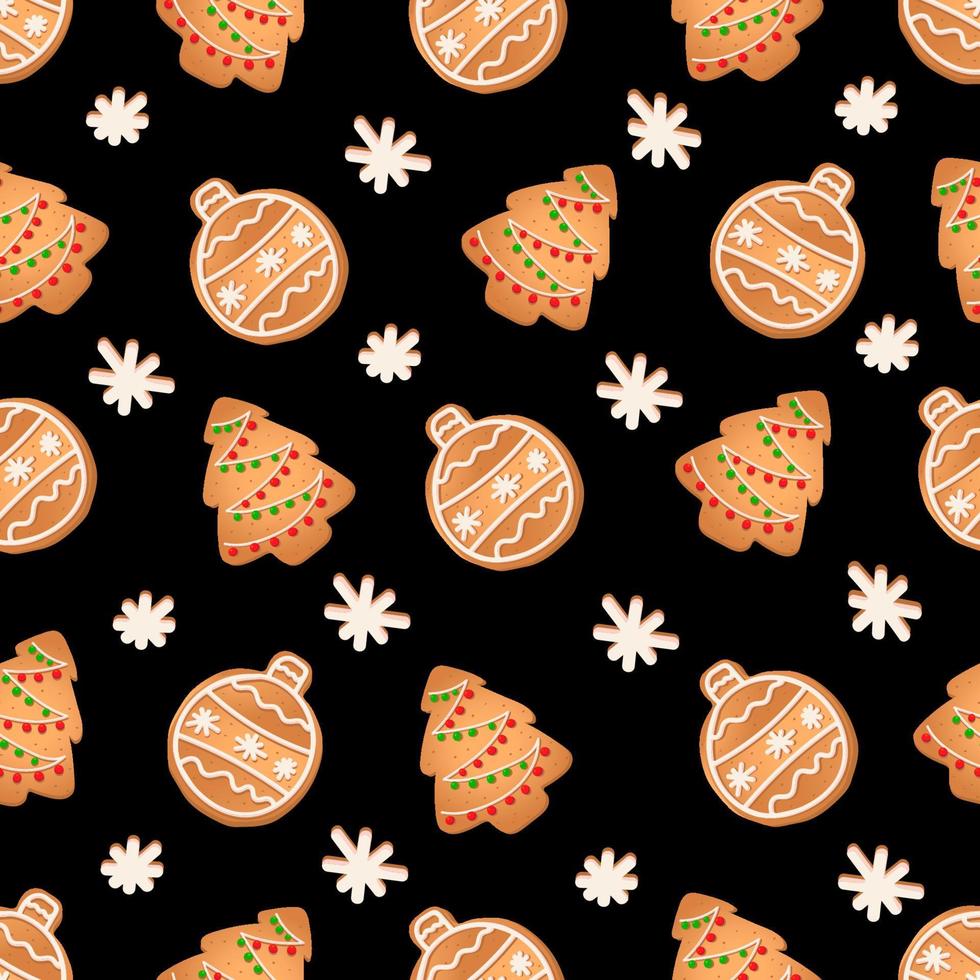 naadloos patroon met gember koekjes Aan een zwart achtergrond. peperkoek , Kerstmis boom, kerstmis bal vector