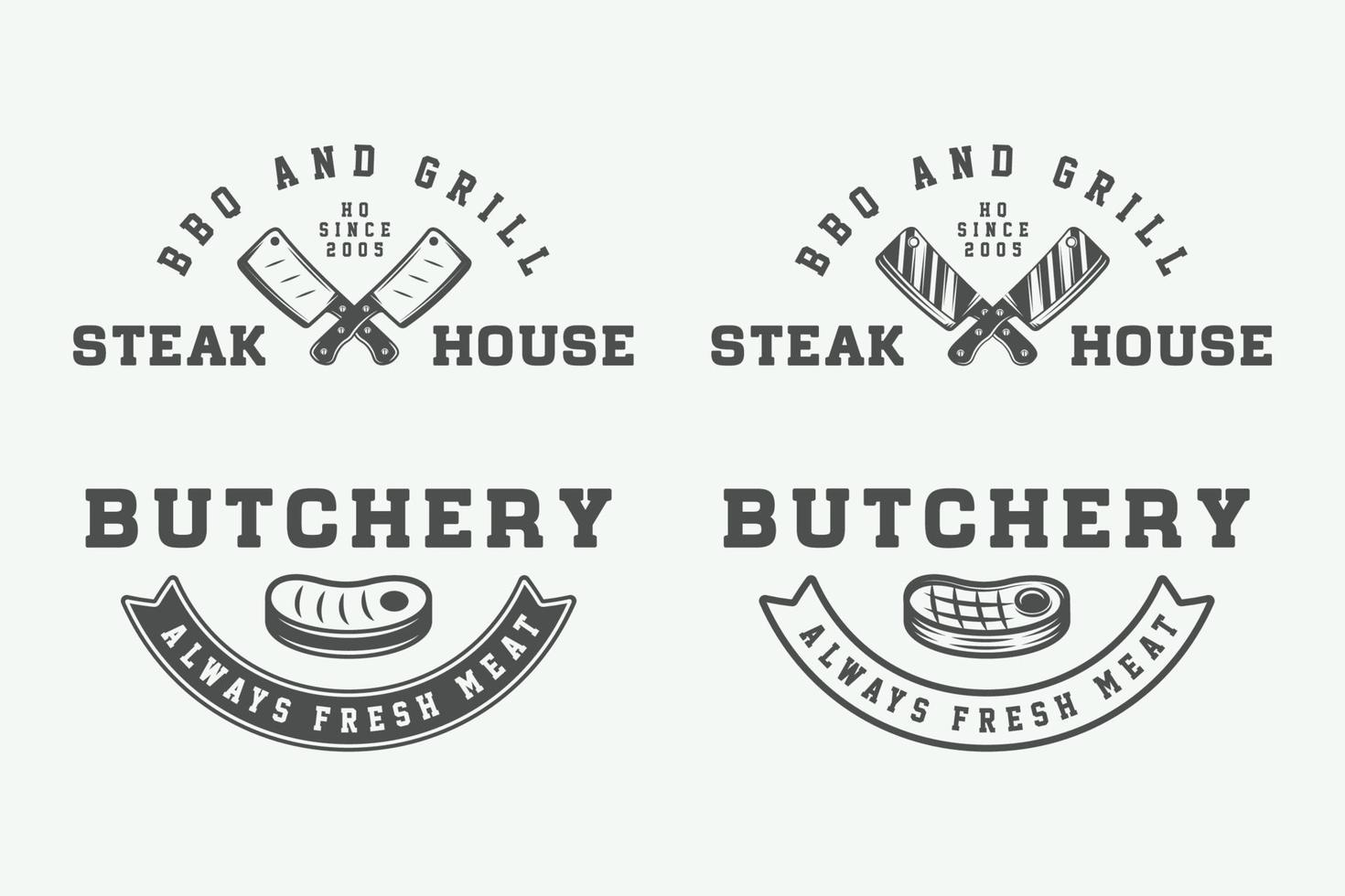 reeks van wijnoogst slagerij vlees, steak of bbq logo's, emblemen, insignes, etiketten. grafisch kunst. illustratie vector