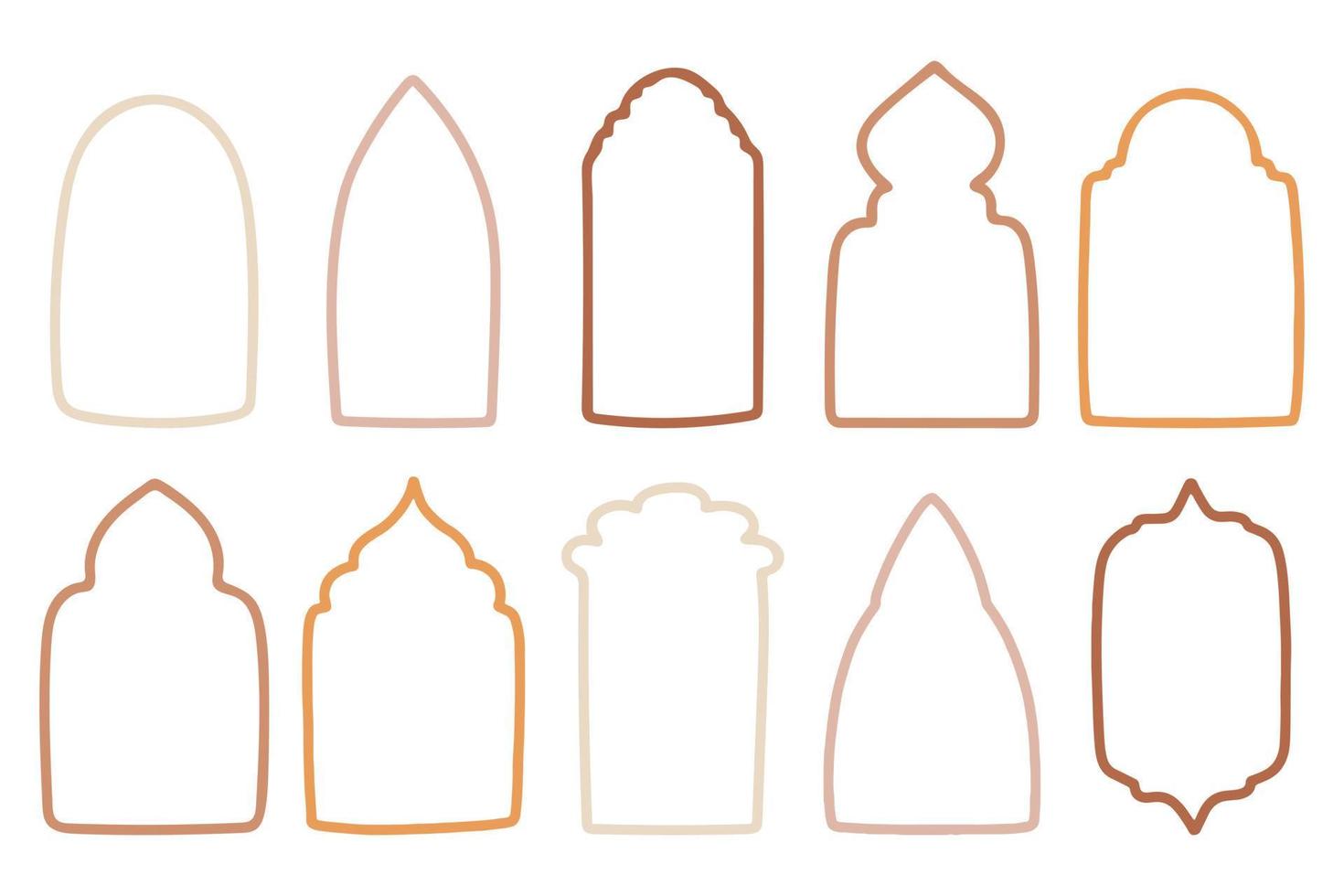 verzameling van Islamitisch ramen en bogen in oosters stijl met modern boho ontwerp, maan, moskee koepel en lantaarns. vector illustratie.