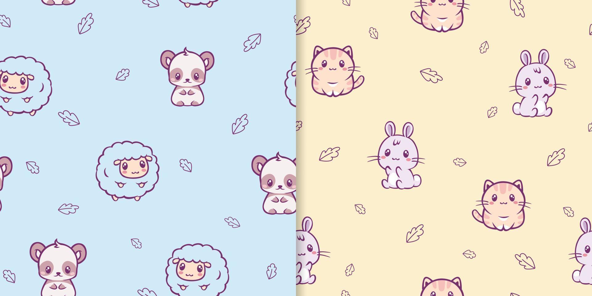 anime kawaii dieren naadloos patroon. schattig lam met rood vlekken en manen klein roze grappig katje met geel vacht glimlachen haas en blauw beer nadenkend veelkleurig vector. vector