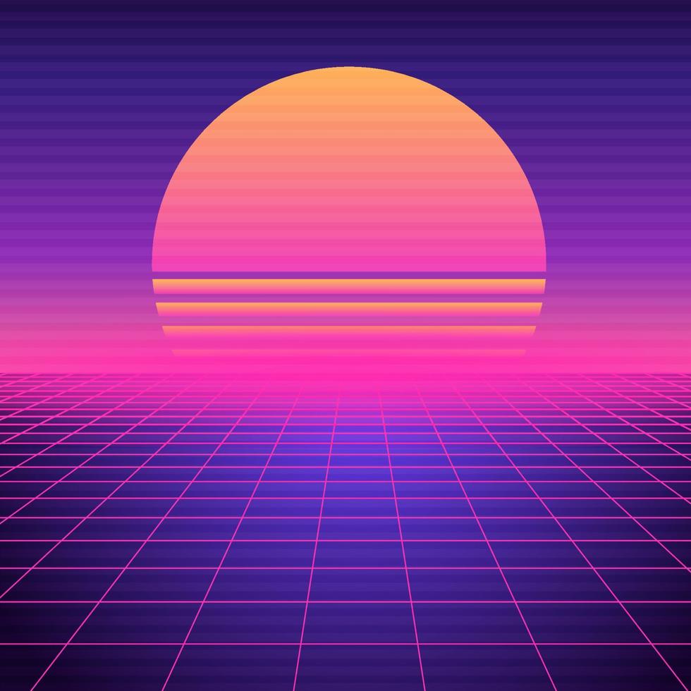 retro futuristische achtergrond dampgolf. neon meetkundig synthwave rooster, licht ruimte met instelling zon abstract cyberpunk ontwerp Purper 80s disco fantastisch vector grafisch gloed.