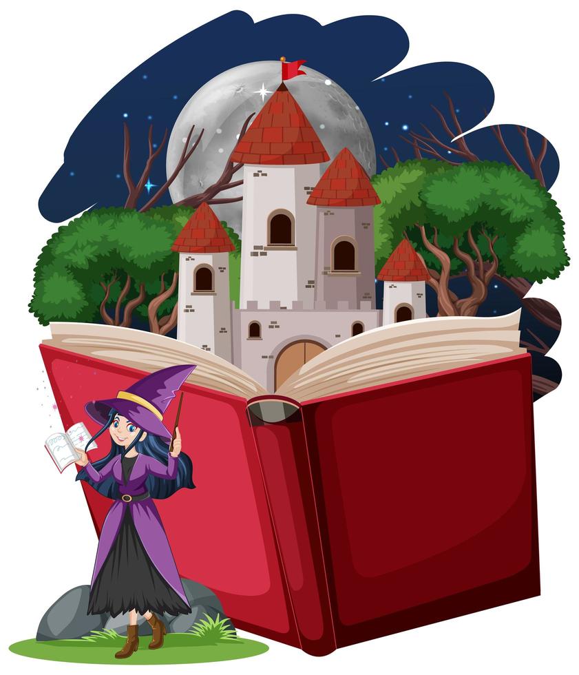 heks en kasteeltoren met pop-up boek cartoon stijl op witte achtergrond vector