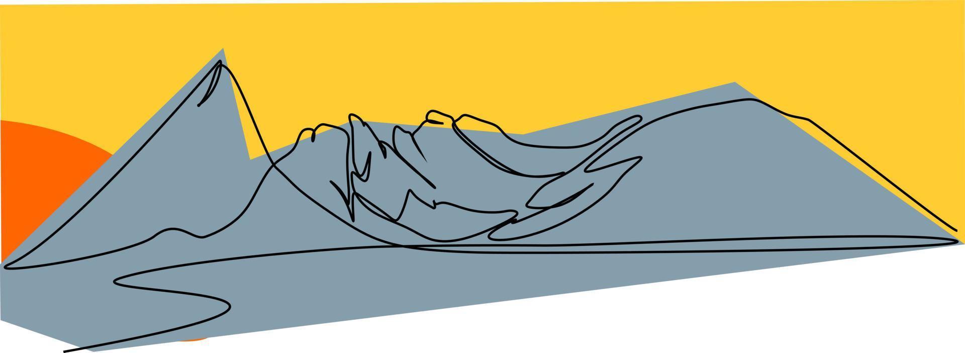 ountains gemakkelijk vlak kleur single doorlopend lijn tekening. vector illustratie voor natuur en landschap concept ontwerp