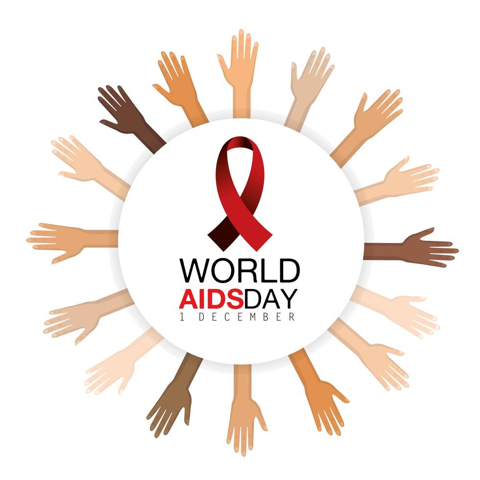 handen en rood lint op aids-preventiecampagne vector