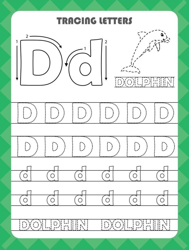 spoor brieven van Engels alfabet en vullen kleuren hoofdletters en kleine letters d. handschrift praktijk voor peuter- kinderen werkblad. vector
