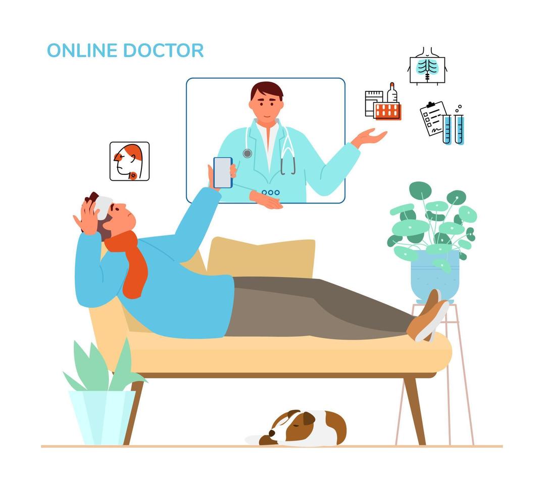 online dokter overleg concept. ziek Mens houdende Aan de sofa Holding smartphone pratend naar dokter door videoconferentie. medisch pictogrammen van symptomen en recepten. vlak vector illustratie.