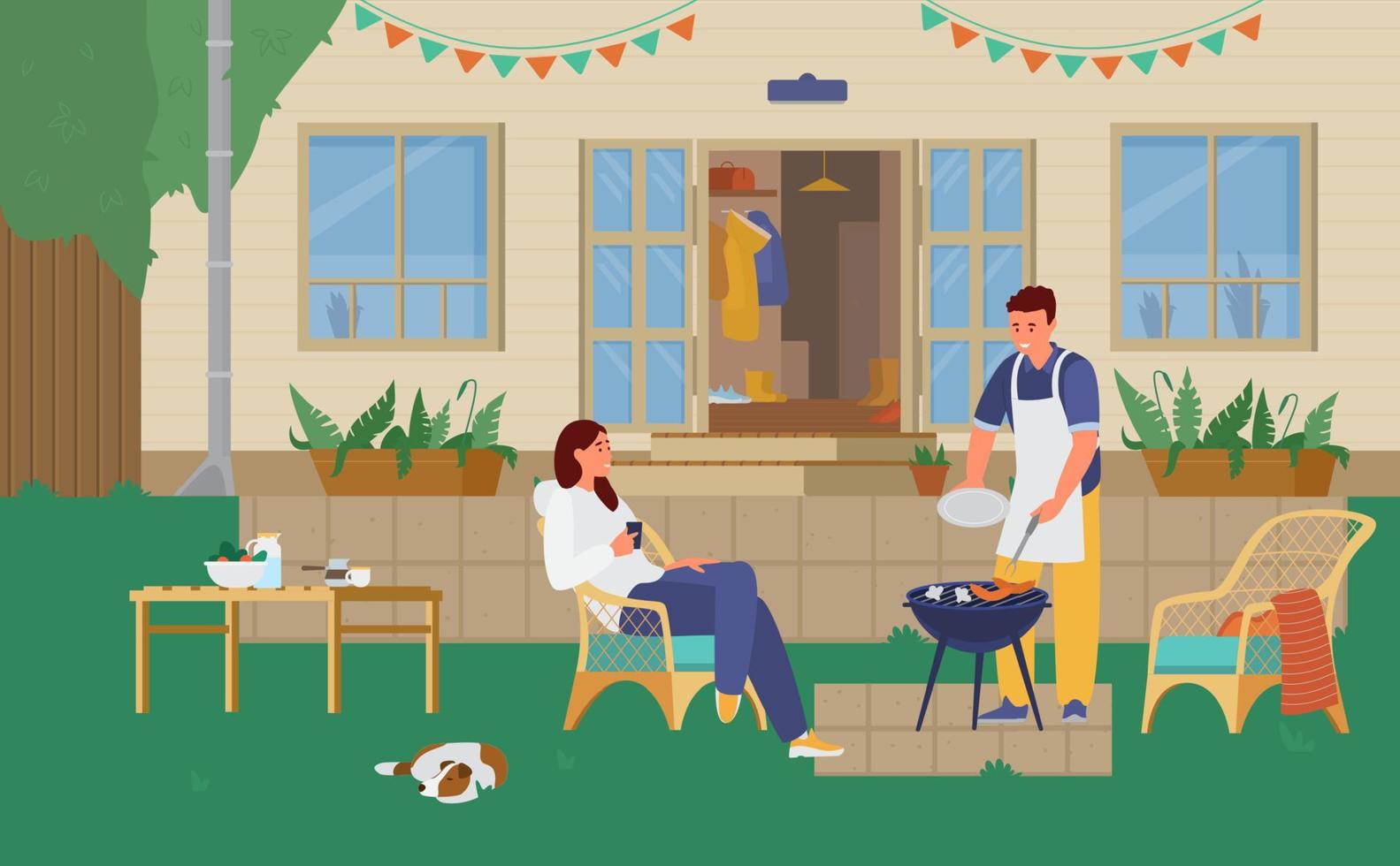 paar hebben barbecue partij in de achtertuin. vrouw drinken koffie in de giechelen stoel, Mens Koken Aan de grill, hond slapen Aan de gazon. vector illustratie.