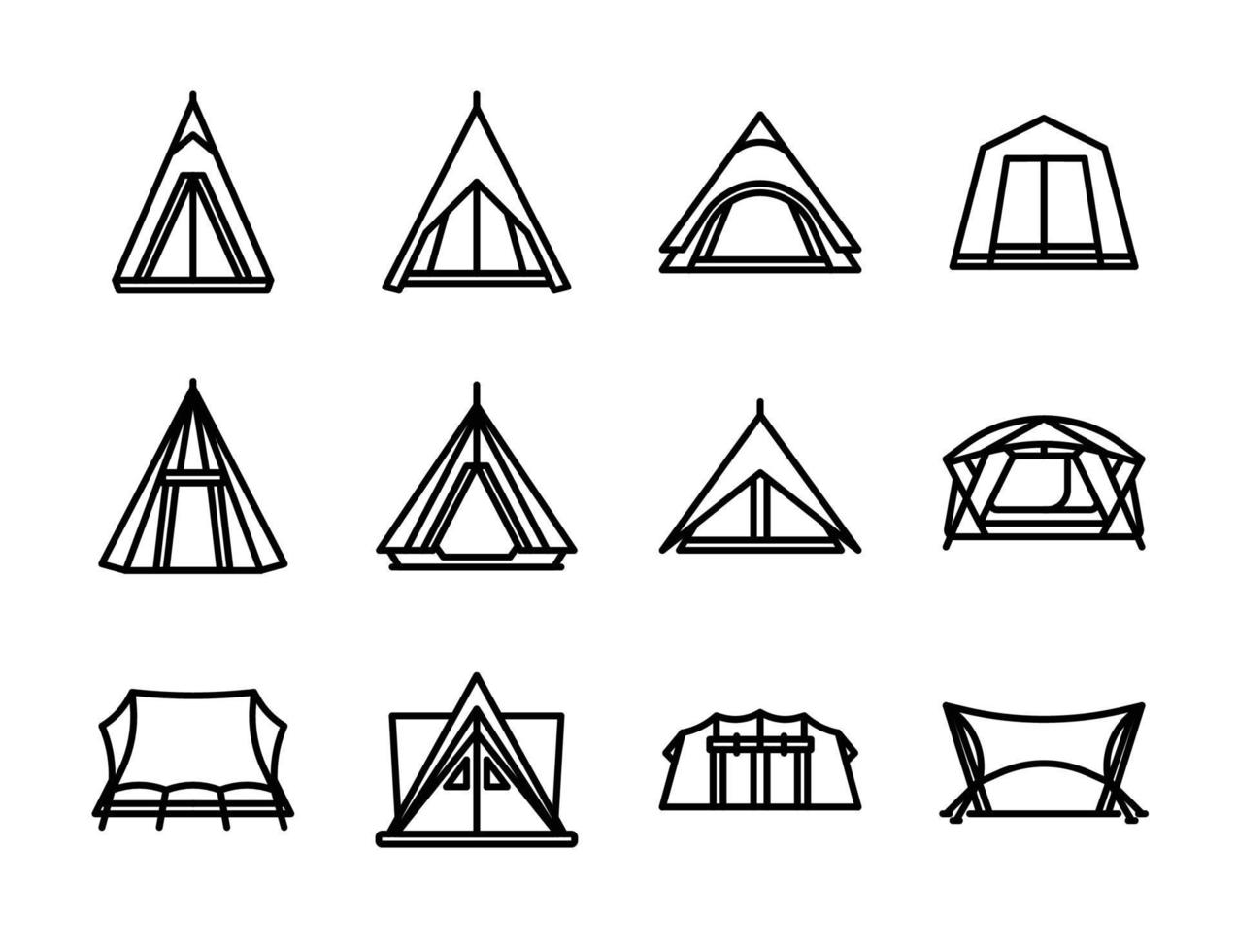 tenten icoon set. camping tent en zeildoek. vector illustratie.
