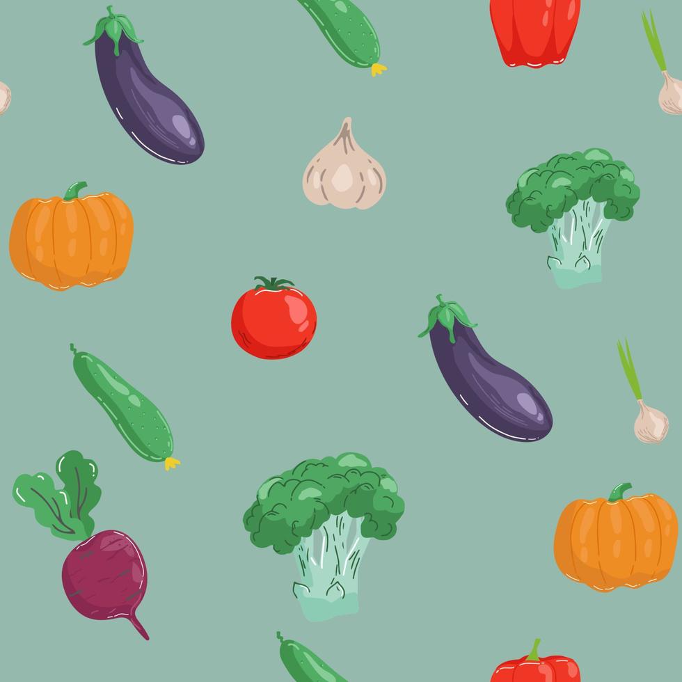 naadloos patroon met hand- getrokken kleurrijk groenten. schetsen stijl vector set. groenten vlak pictogrammen reeks komkommer, wortel, ui, tomaat.