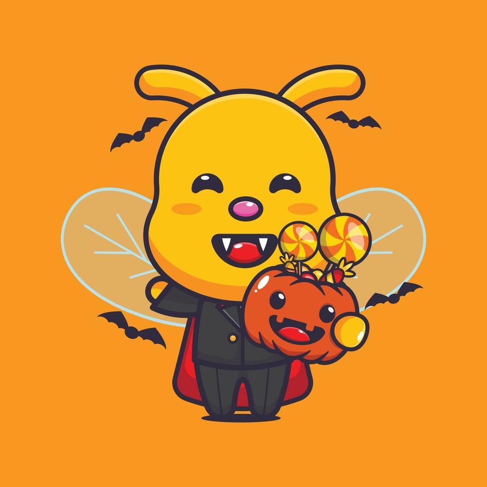 schattig vampier bij Holding halloween pompoen. schattig halloween tekenfilm illustratie. vector