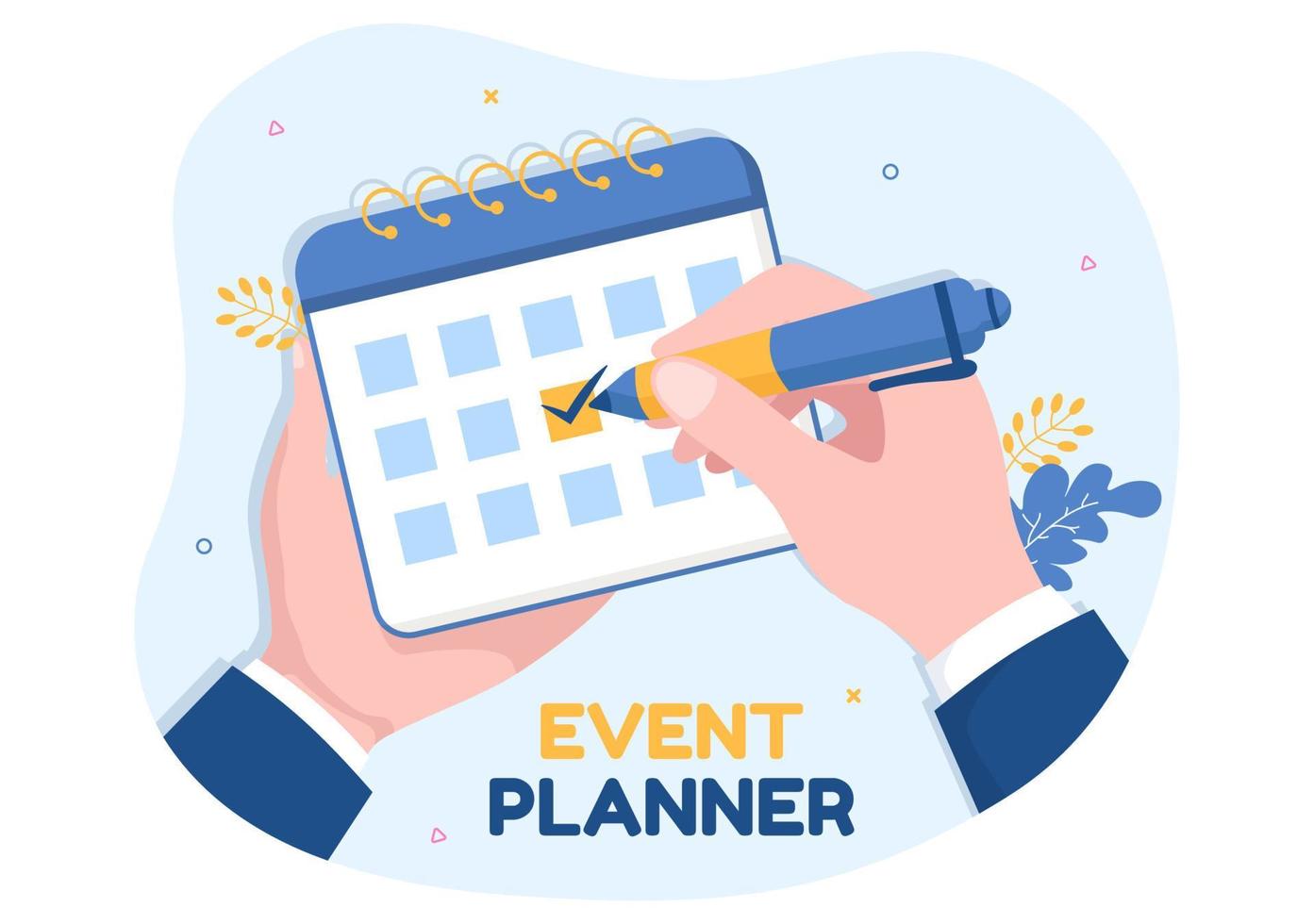 evenement ontwerper sjabloon hand- getrokken tekenfilm vlak illustratie met planning schema, tijd beheer, bedrijf agenda en kalender concept vector