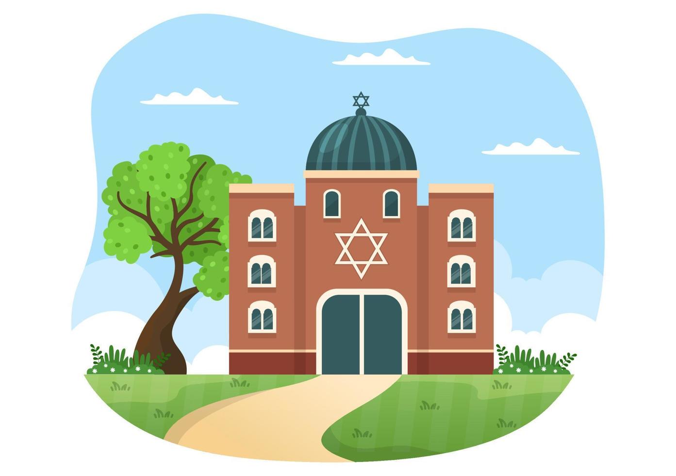 synagoge gebouw of Joods tempel met religieus, Hebreeuws of jodendom en Jood aanbidden plaats in sjabloon hand- getrokken tekenfilm vlak illustratie vector