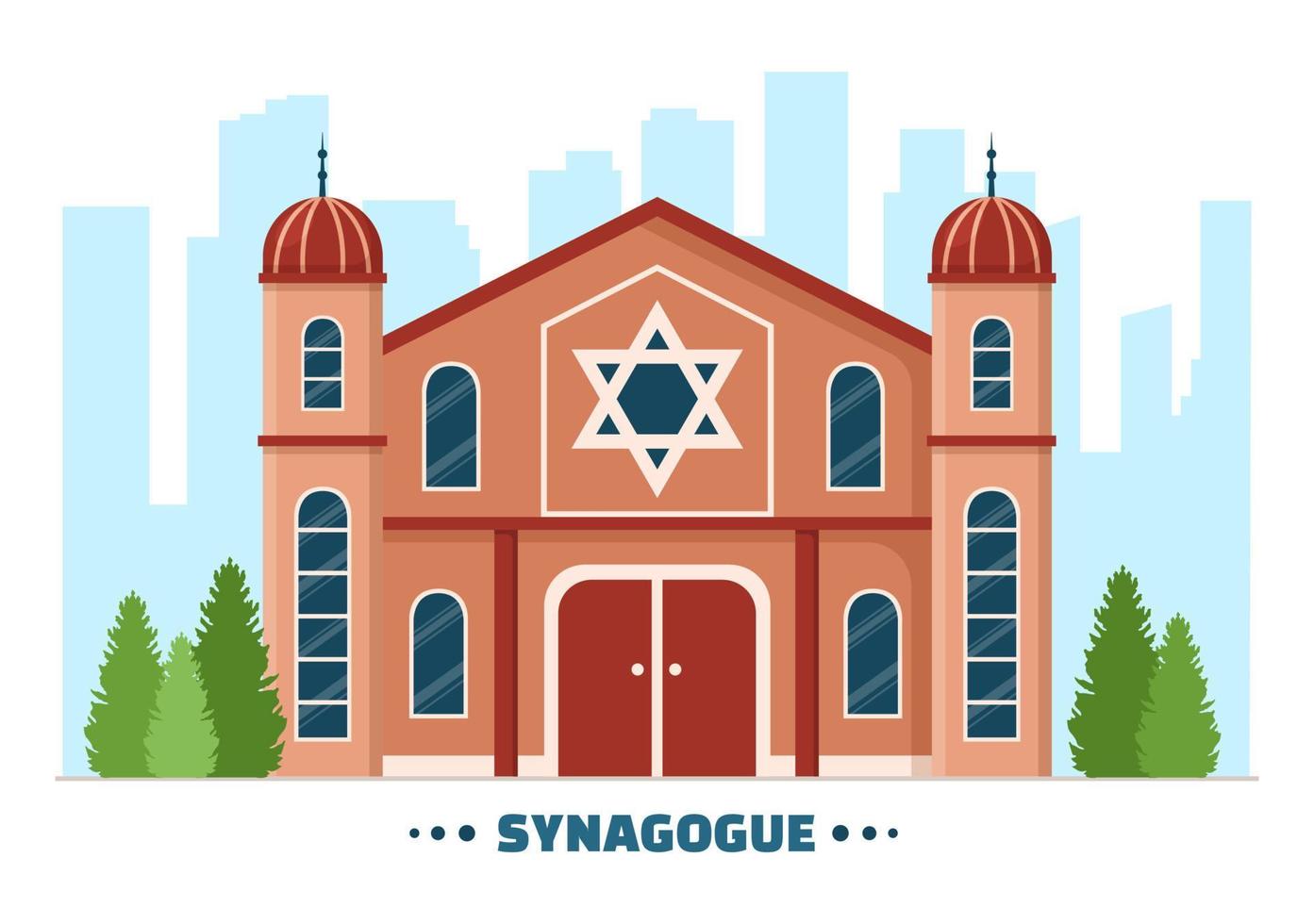 synagoge gebouw of Joods tempel met religieus, Hebreeuws of jodendom en Jood aanbidden plaats in sjabloon hand- getrokken tekenfilm vlak illustratie vector