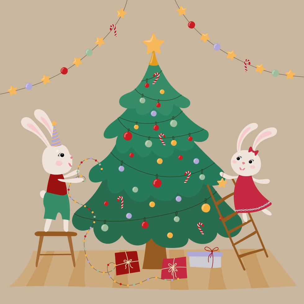 twee schattig konijnen versieren de Kerstmis boom. Kerstmis en nieuw jaar concept. vector