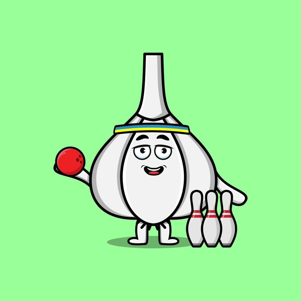 schattig tekenfilm knoflook karakter spelen bowling vector