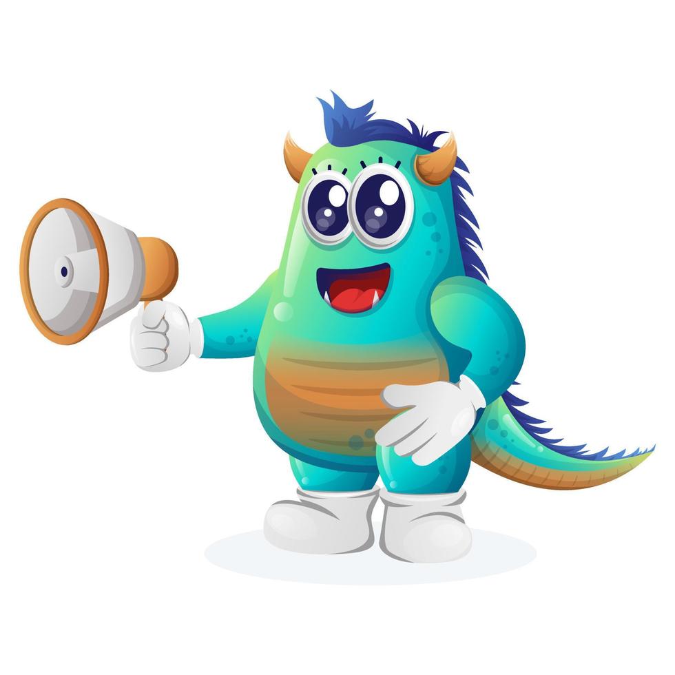 schattig blauw monster Holding megafoon vector