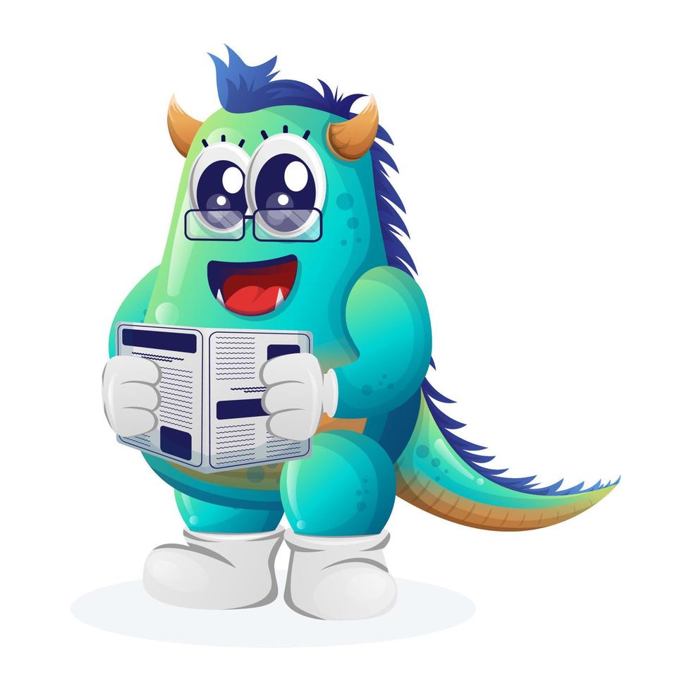 schattig blauw monster lezen kranten vector