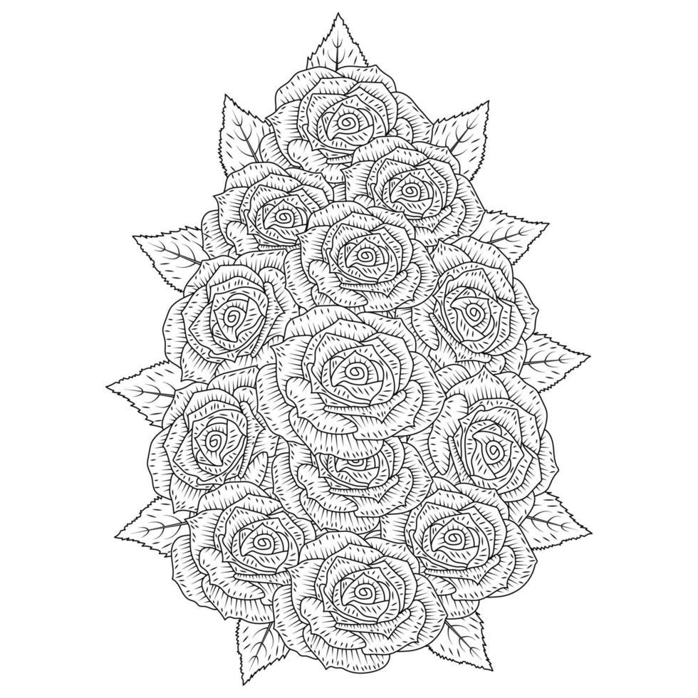 volwassen kleur boek bladzijde van roze roos illustratie met bladeren en potlood schetsen tekening vector