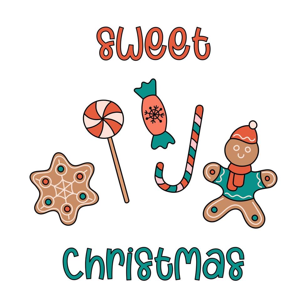 zoet Kerstmis groet kaart. vector ansichtkaart met eigengemaakt traditioneel Kerstmis desserts. versierd ontbijtkoek, gember Mens, lolly en snoepjes. grappig hand- getrokken snoepgoed en koekjes