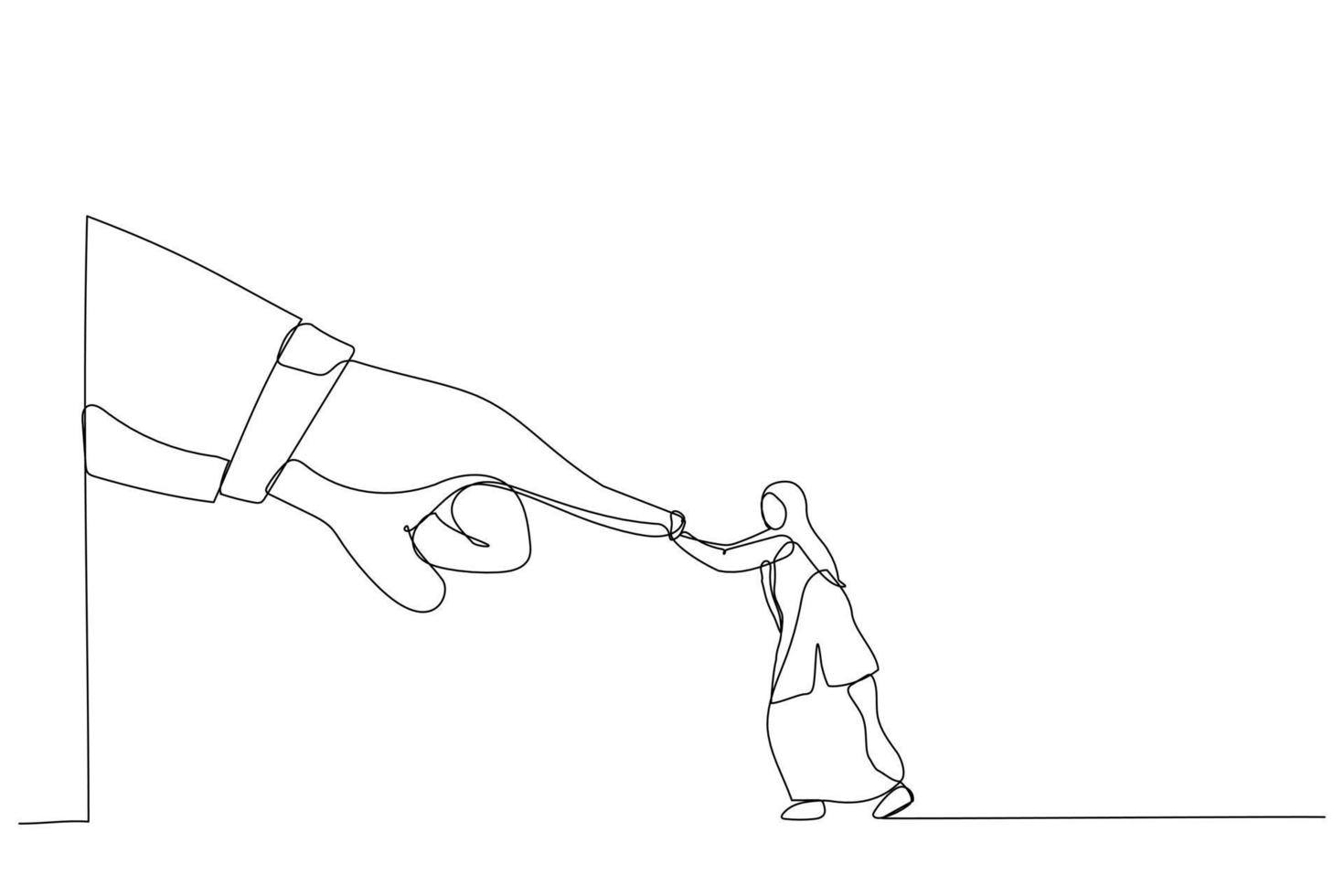 tekening van vrouw met hijab strijd en houden voortvarend tegen reusachtig bedrijf hand. metafoor voor conflict tegen baas of werkgever, david en Goliath. single doorlopend lijn kunst stijl vector